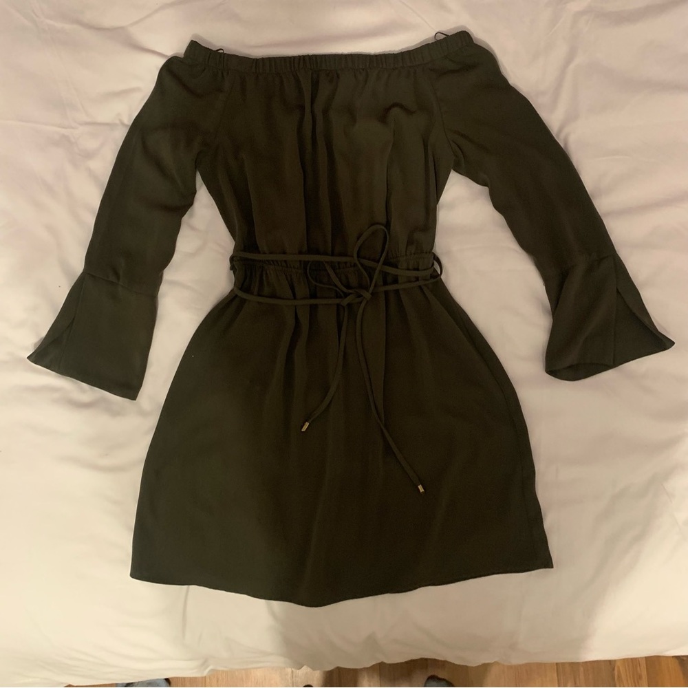 Elegant Khaki Off-Shoulder Princess Dress | Resort Chic | Coastal Luxe Style - Picture 3 of 7